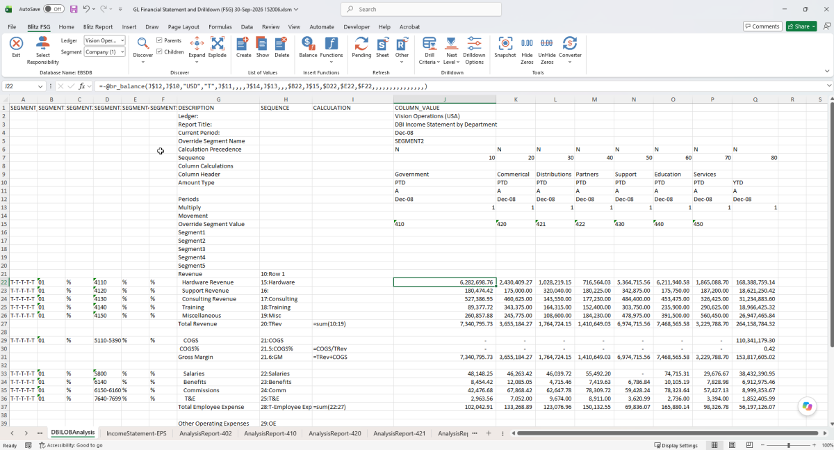 Converted FSG report with account assignments, calculations and Balance formulas