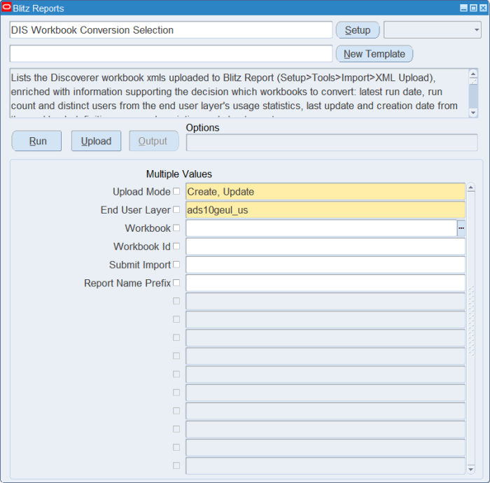 DIS Workbook Conversion Selection upload parameters
