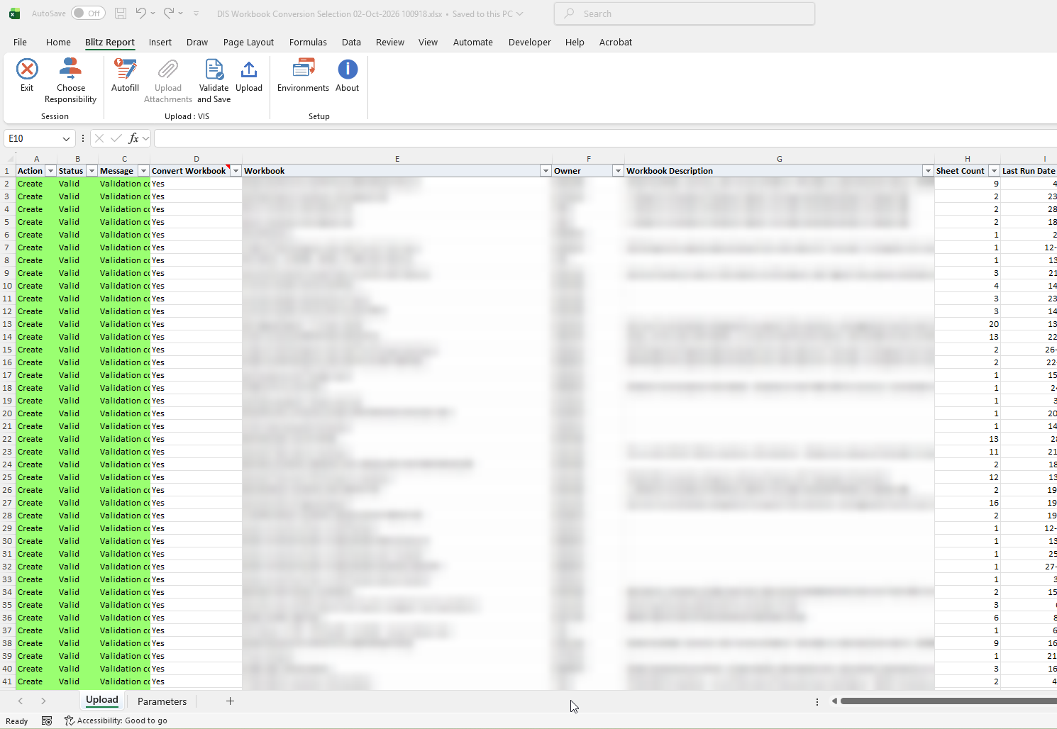 DIS Workbook Conversion Selection upload with workbooks selected for conversion