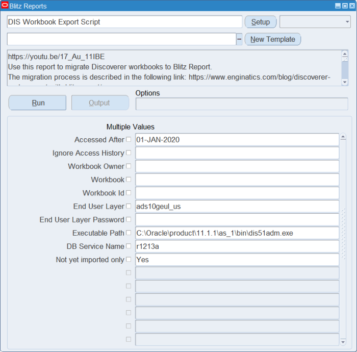 DIS Workbook Export Script parameters