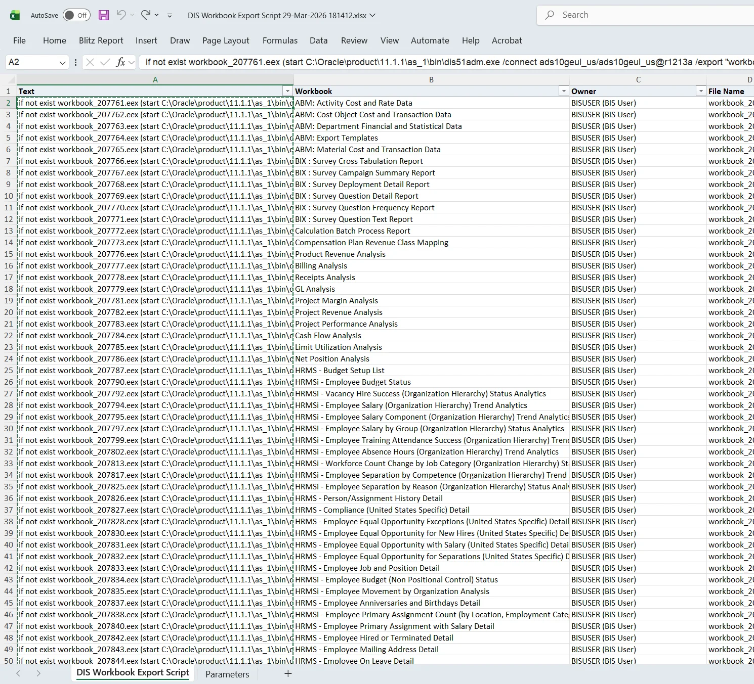 DIS Workbook Export Script report output showing 311 export commands