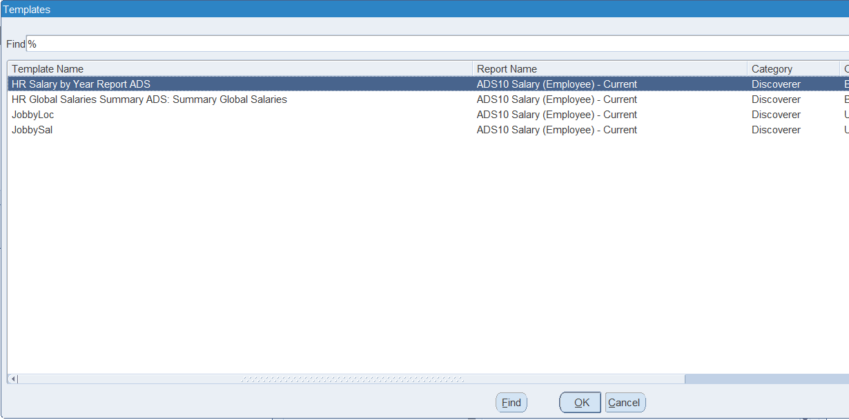 Templates list of a migrated report with four templates from different Discoverer workbooks