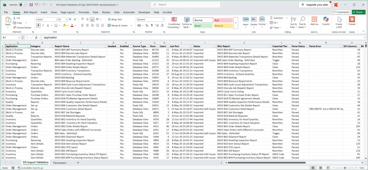 EIS Import Validation report output