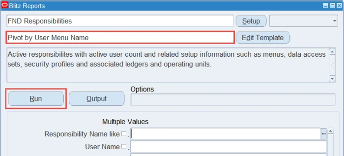 FND Responsibilities Blitz Report with the Pivot by User Menu Name layout template for Oracle EBS menu analysis