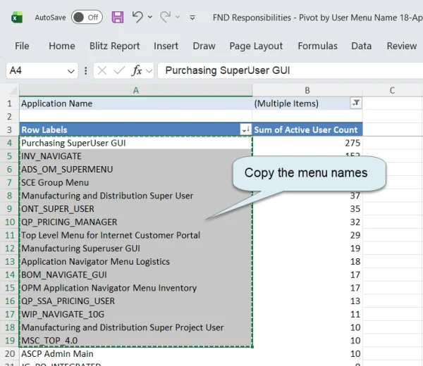 Excel pivot output showing Oracle EBS responsibilities grouped by user menu name