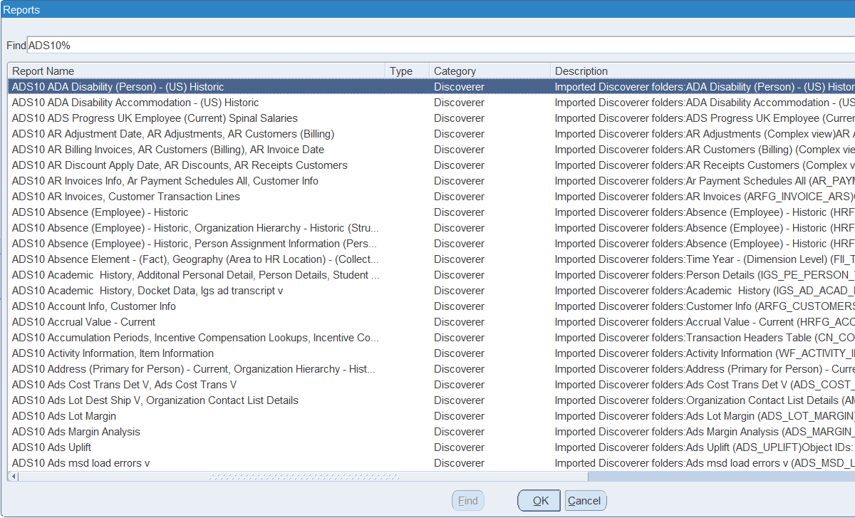 Blitz Report list of values showing reports imported from Discoverer in the Discoverer category