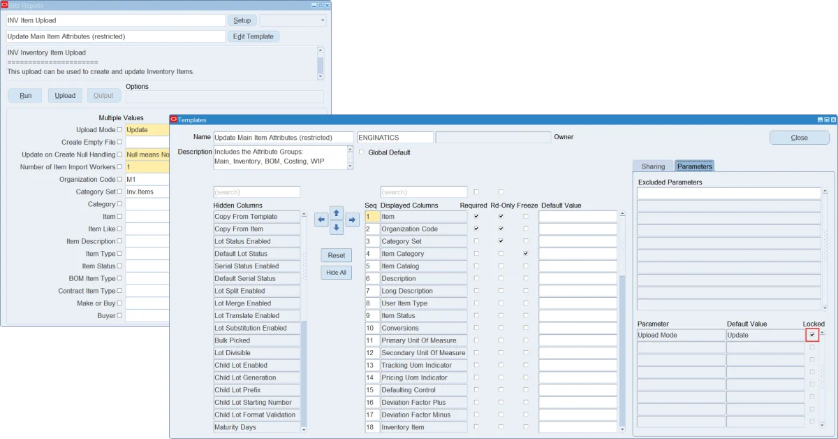 Template Parameters tab with a Locked default value