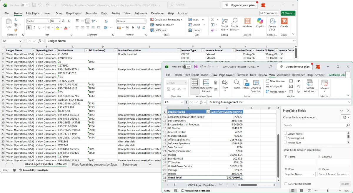 Migrated EIS report Excel output with pivot table template