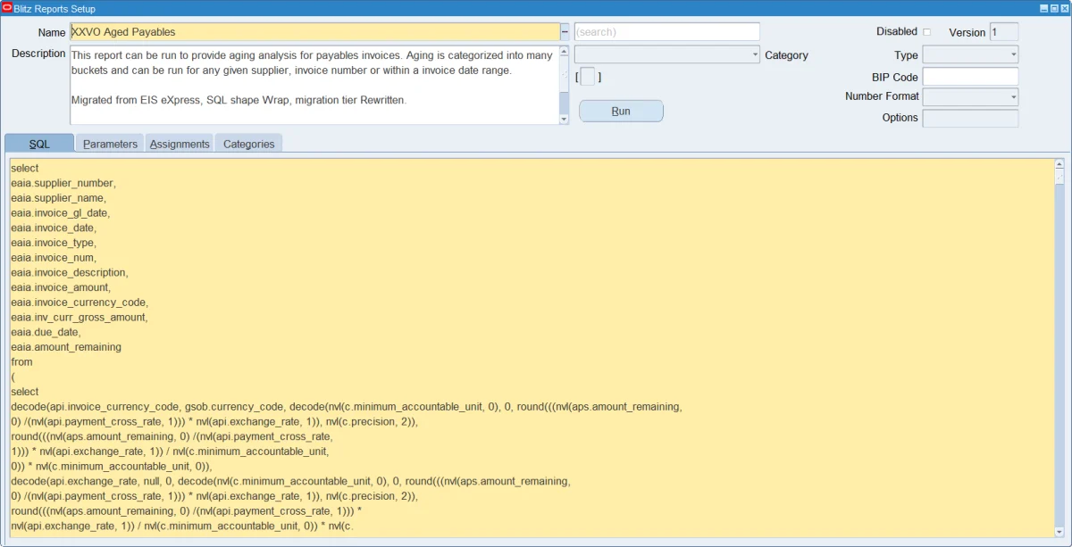 Migrated EIS report in the Blitz Report setup window