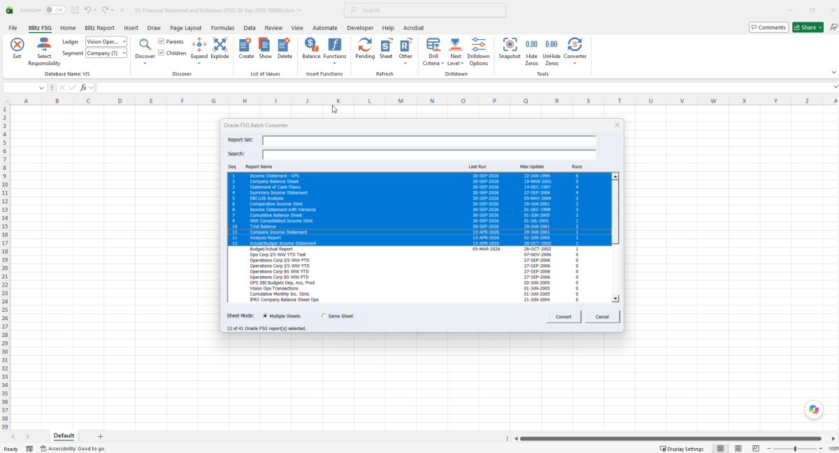 Oracle FSG Batch Converter with several FSG reports selected for conversion
