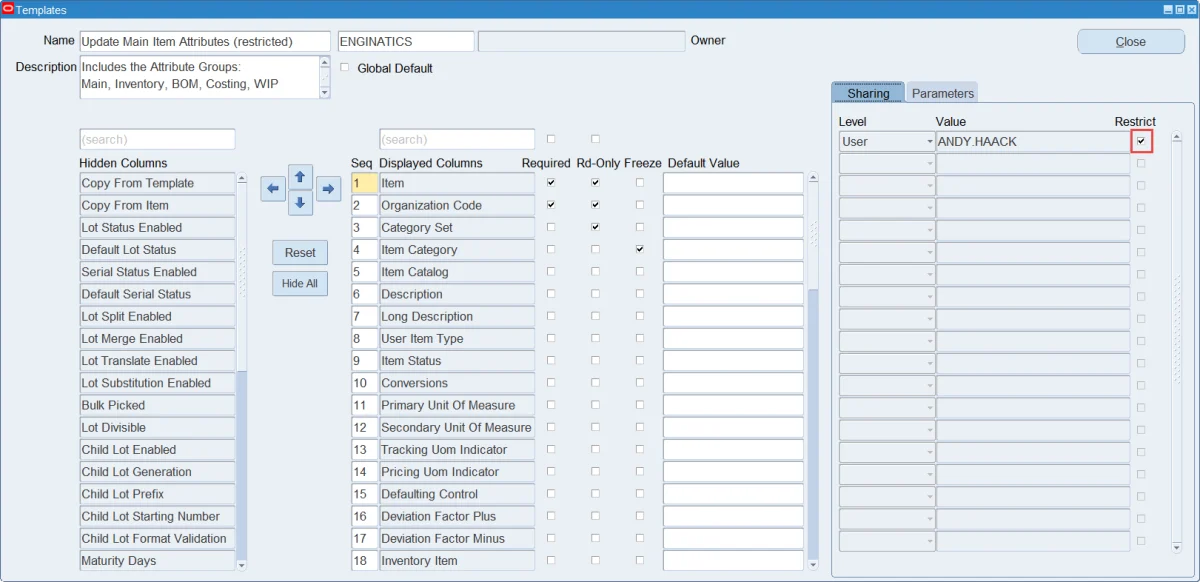 Template Sharing window with the Restrict flag ticked for a responsibility