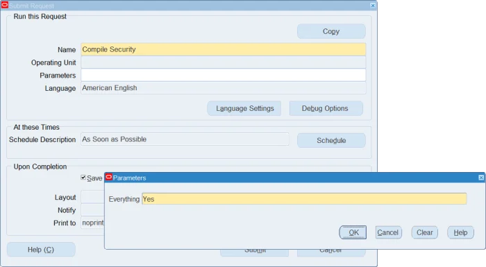 Submit Request form showing Compile Security concurrent program with Everything parameter set to Yes