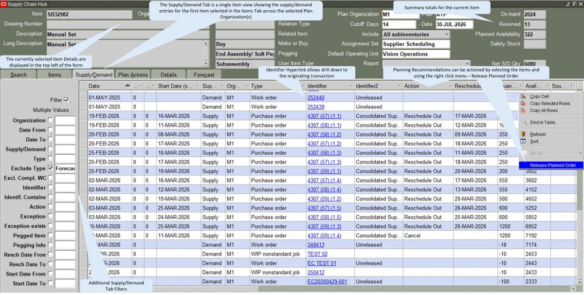 Supply Chain Hub supply and demand with pegging