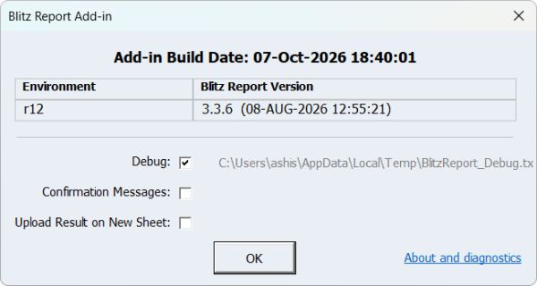 Blitz Report Excel Add-in About dialog