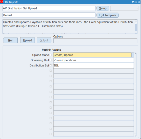 Blitz Report run screen for AP Distribution Set Upload with Upload Mode Create, Update, Operating Unit Vision Operations and Distribution Set TEL