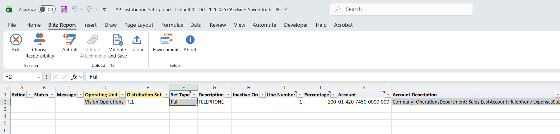 Excel file with the one line of distribution set TEL, 100 percent to account 01-420-7450-0000-000