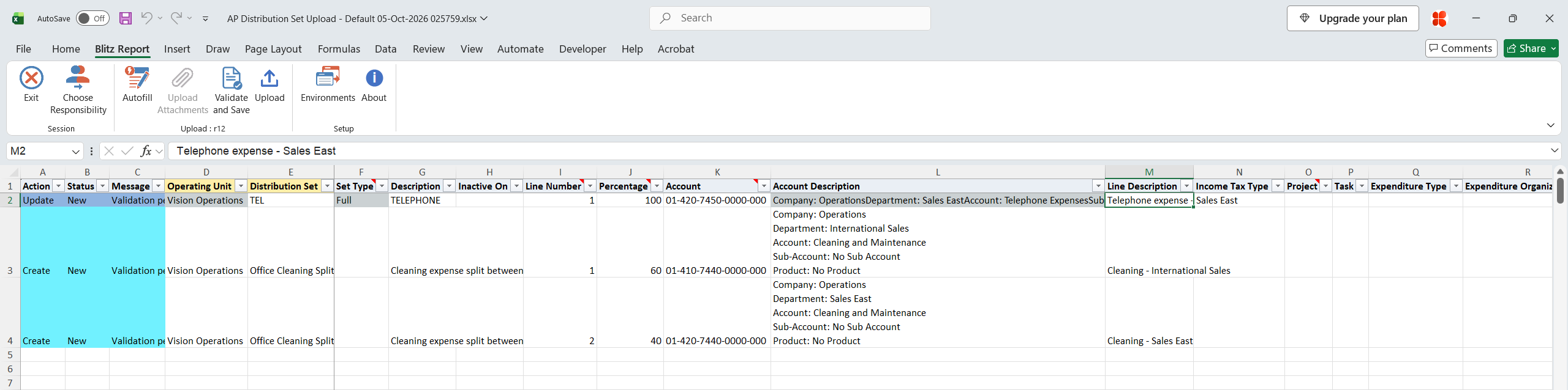 Excel file with the line description of TEL changed, marked Update, and a new set Office Cleaning Split with two lines of 60 and 40 percent, marked Create