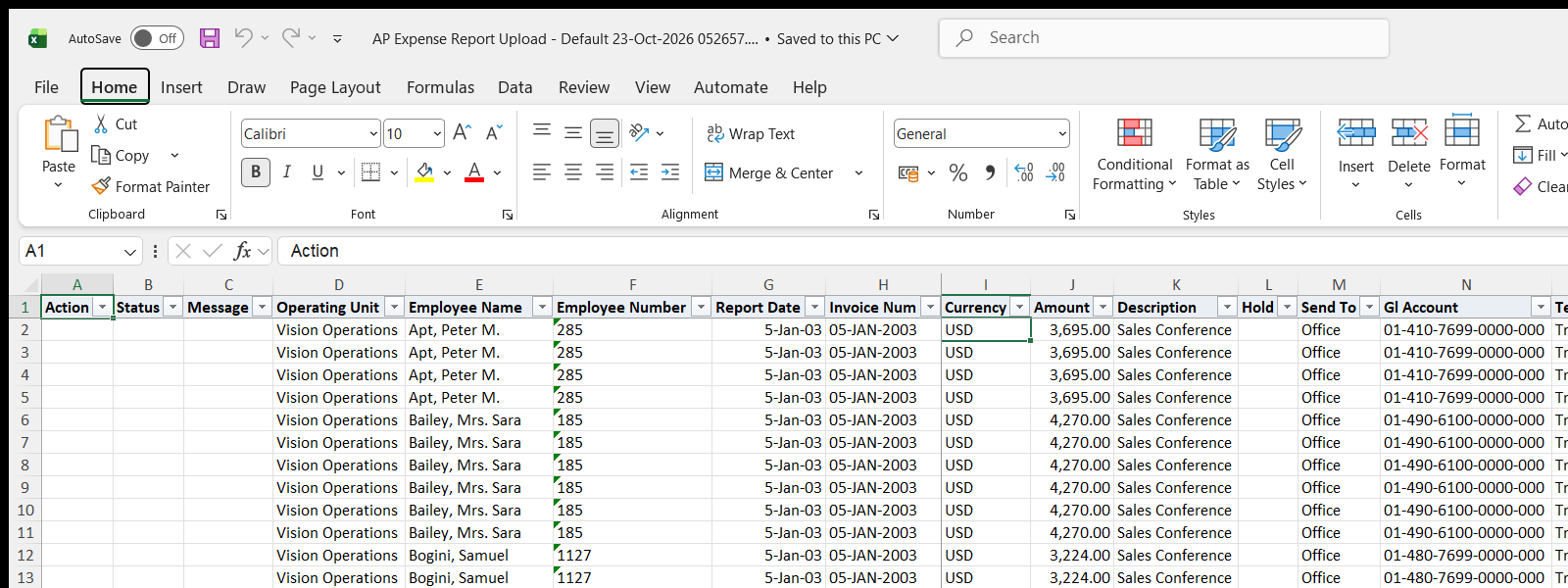 AP Expense Report Upload downloaded Excel file