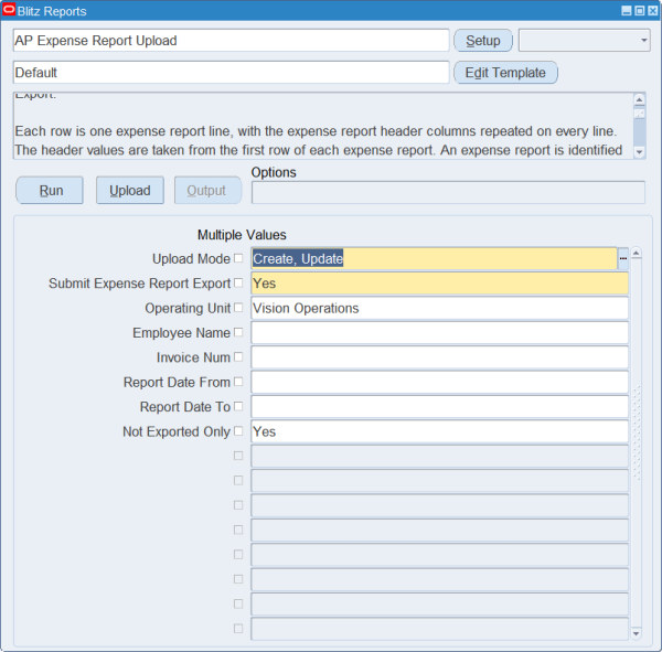 AP Expense Report Upload run screen