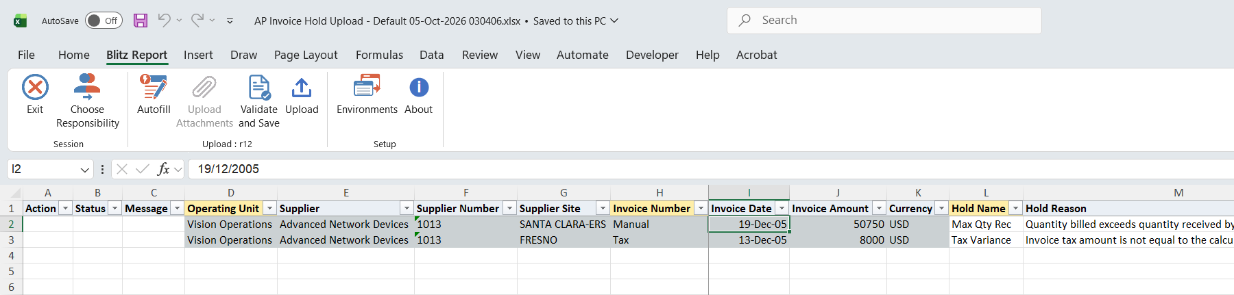 Excel file with the two open user releasable holds of supplier Advanced Network Devices: Max Qty Rec on invoice Manual and Tax Variance on invoice Tax