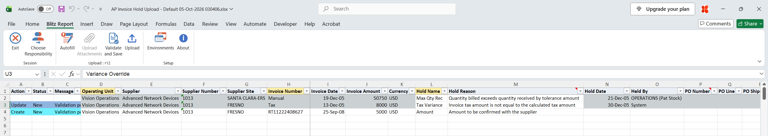 Excel file with Release Name Variance Override entered for the Tax Variance hold, marked Update, and a new Amount hold row for invoice RT11222408627, marked Create