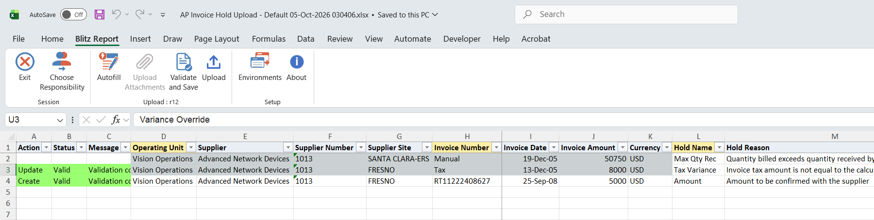 Both edited rows show status Valid after Validate and Save