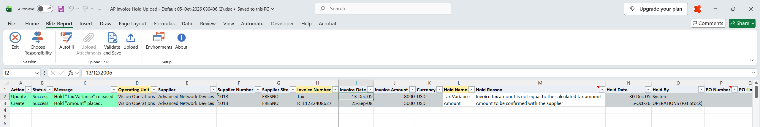 Result report showing the Tax Variance hold released and the Amount hold placed, both with status Success