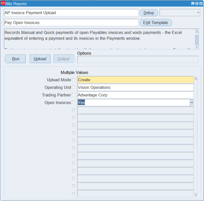 Blitz Report run screen for AP Invoice Payment Upload with template Pay Open Invoices, Operating Unit and Trading Partner