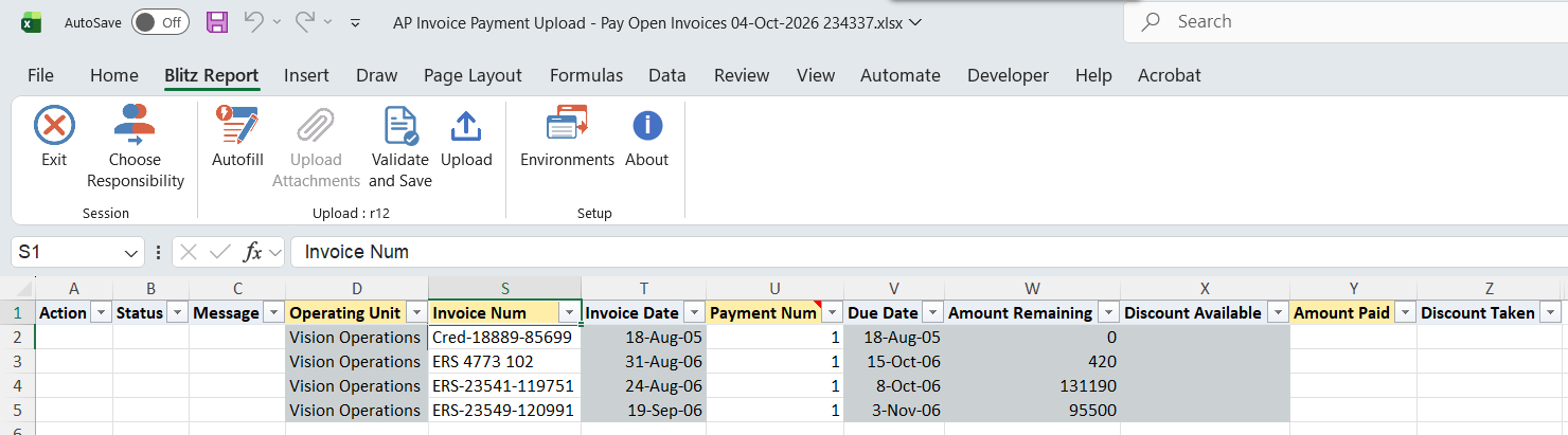 Downloaded AP Invoice Payment Upload workbook listing open installments with due date and amount remaining