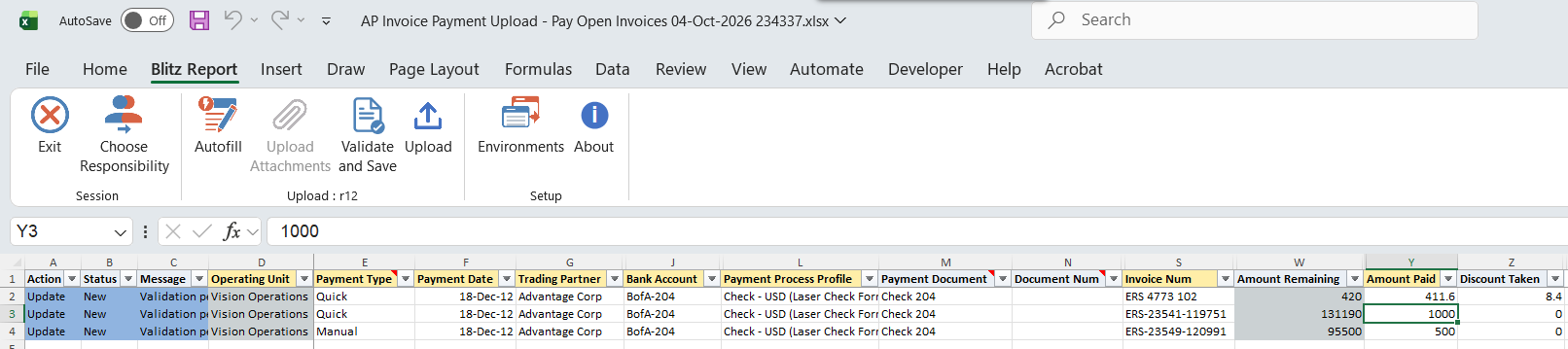 Two invoices entered as one Quick payment, one partially paid, plus a Manual payment row