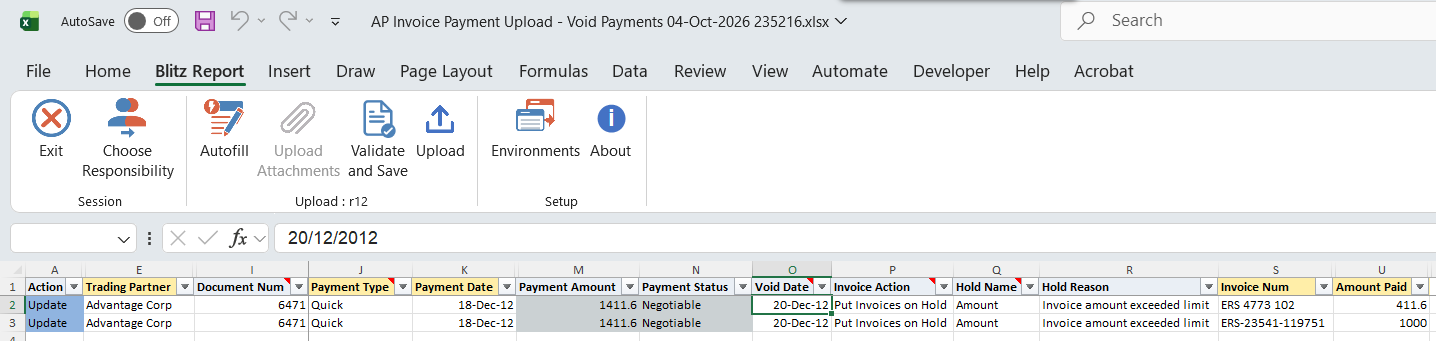 Void Payments workbook with Void Date, Invoice Action Put Invoices on Hold and Hold Name on a downloaded payment
