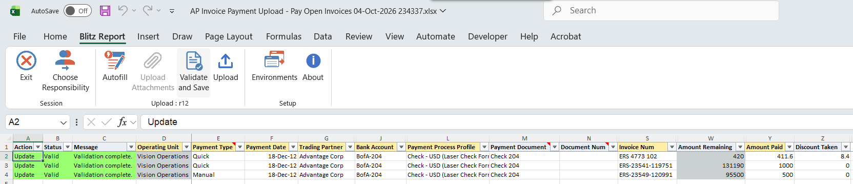 Payment rows with Status Valid after Validate and Save