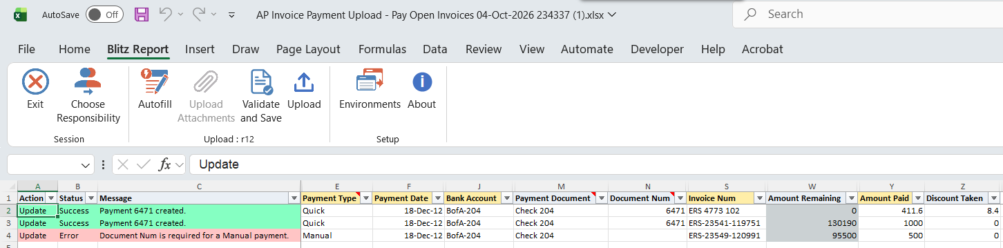 Upload result showing Payment 6471 created on two rows and a Document Num required error