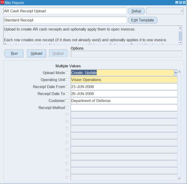 Blitz Report run screen for AR Cash Receipt Upload with the Standard Receipt template, Upload Mode Create, Update, Operating Unit Vision Operations, receipt dates 23-JUN-2008 to 26-JUN-2008 and customer Department of Defense