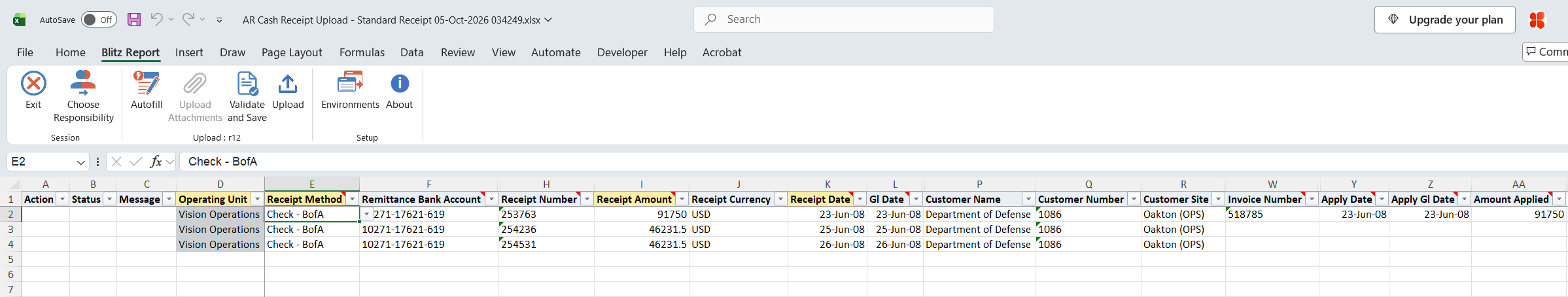 Excel file with three existing receipts of Department of Defense, one applied to an invoice and two unapplied