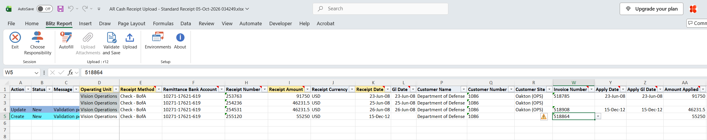 Excel file with invoice 518908 applied to existing receipt 254531, marked Update, and a new receipt 255120 applied to invoice 518864, marked Create