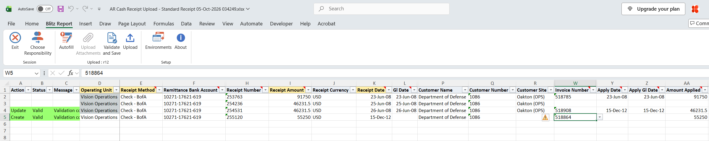 Both edited rows show status Valid after Validate and Save