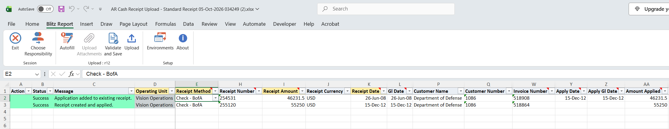 Result report showing Application added to existing receipt and Receipt created and applied, both with status Success