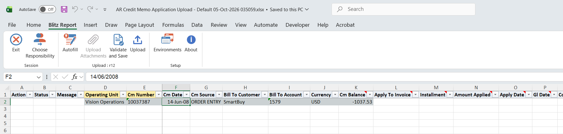 Excel file with open credit memo 10037387 of SmartBuy and its remaining balance of -1037.53, Apply To Invoice empty