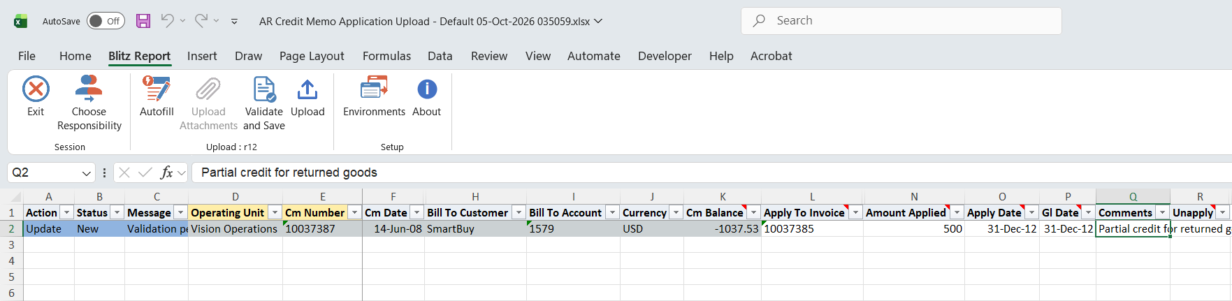 Excel file with Apply To Invoice 10037385, Amount Applied 500, apply and GL dates and a comment entered on the credit memo row, marked Update
