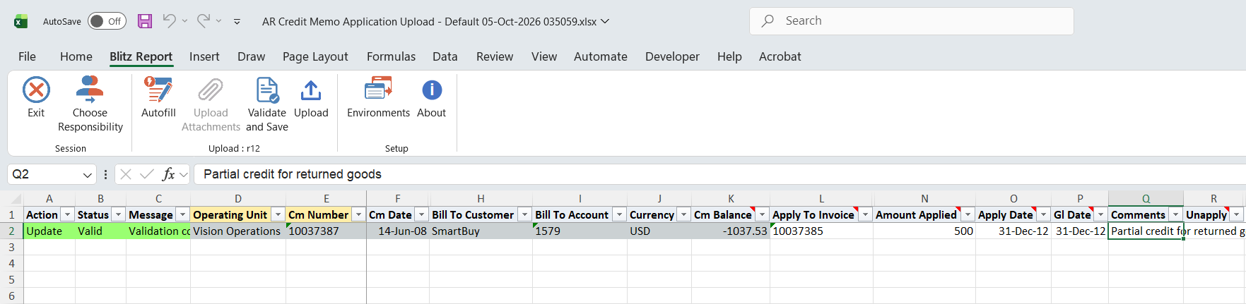 The edited row shows status Valid after Validate and Save