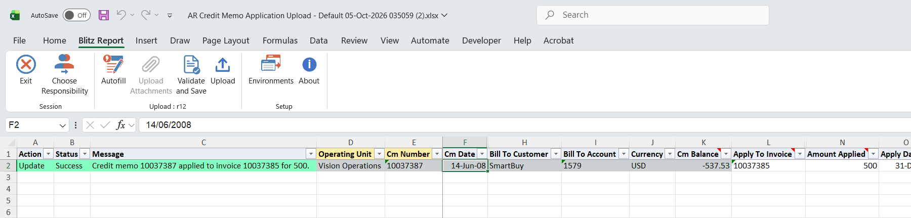 Result report showing credit memo 10037387 applied to invoice 10037385 for 500 with status Success and the remaining balance of -537.53