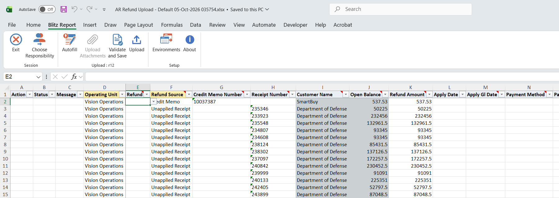 Excel file listing an open credit memo of SmartBuy and unapplied receipts of Department of Defense with their open balances