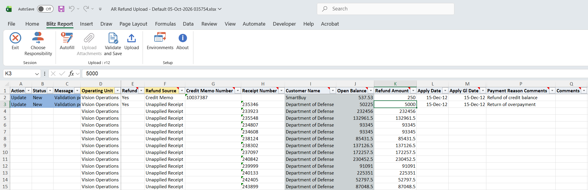 Excel file with Refund set to Yes on the credit memo and one receipt, partial refund amounts, apply dates and payment reason comments, both rows marked Update