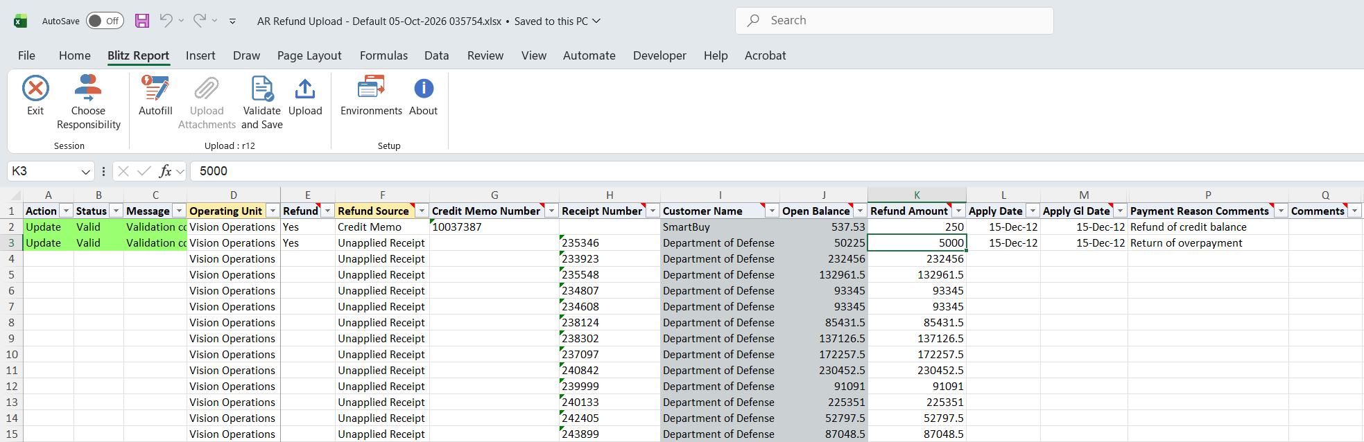 Both selected rows show status Valid after Validate and Save