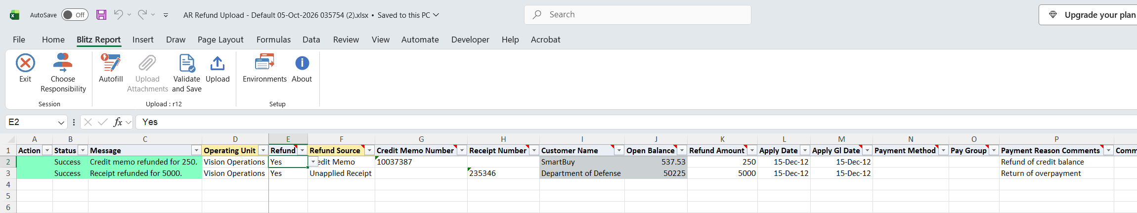 Result report showing the credit memo refunded for 250 and the receipt refunded for 5000 with status Success