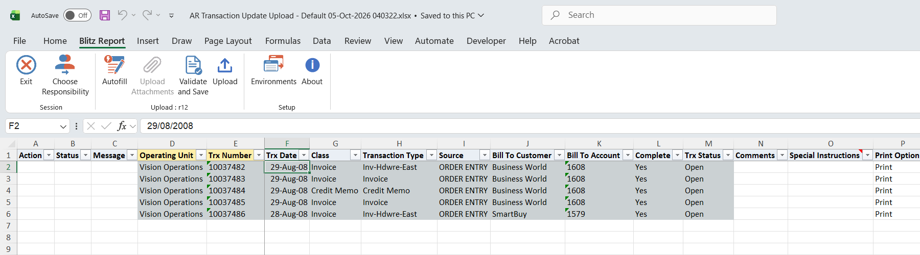 Excel file with five Vision Operations transactions dated 28 and 29 August 2008