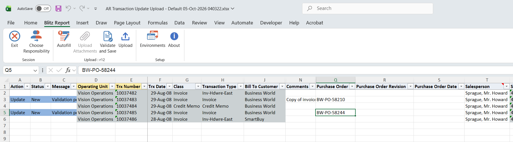 Excel file with Comments and Purchase Order entered on invoice 10037483 and Purchase Order on invoice 10037485, both rows marked Update
