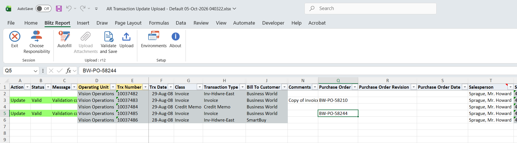 Both changed rows show status Valid after Validate and Save