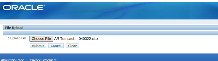 File Upload page with the saved Excel file selected for upload